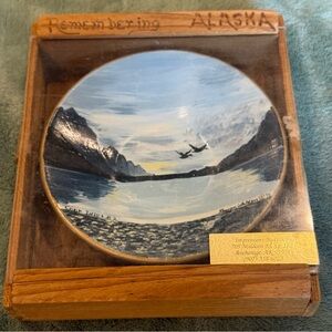Hand Painted Alaska Cook Inlet Plate w/ Wooden Display Box Signed